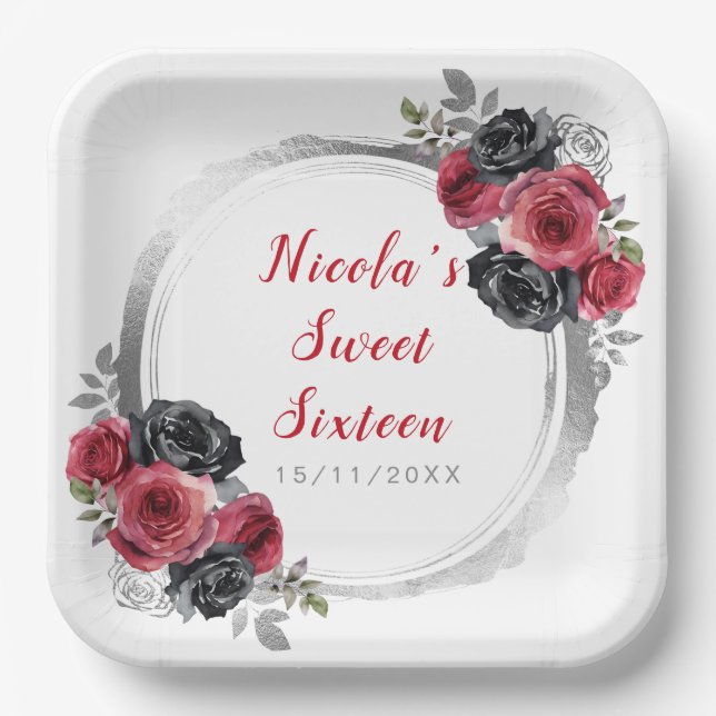 Red and Silver Elegant Flowers Sweet Sixteen Paper Plate (Front)