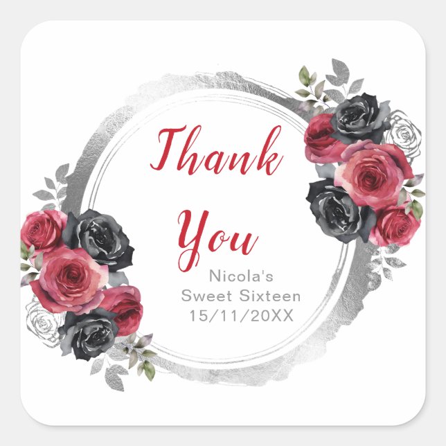 Red and Silver Elegant Flowers Sweet Sixteen Square Sticker (Front)