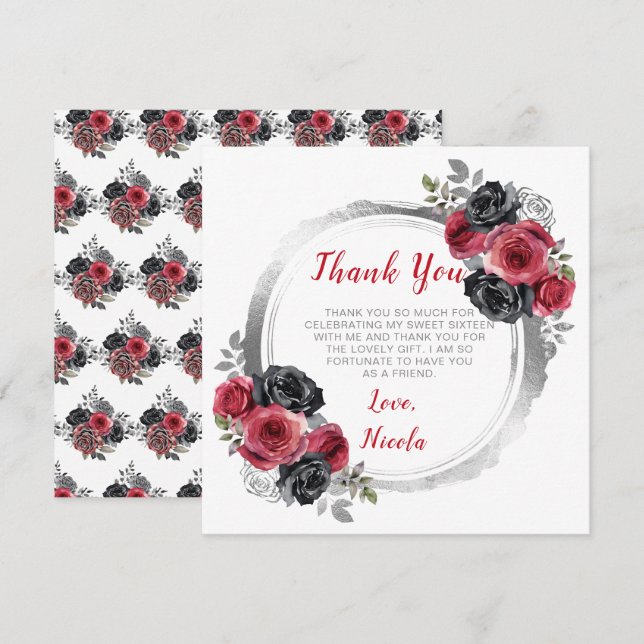 Red and Silver Elegant Flowers Sweet Sixteen Thank You Card (Front/Back)