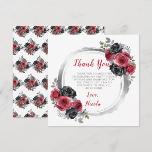 Red and Silver Elegant Flowers Sweet Sixteen Thank You Card