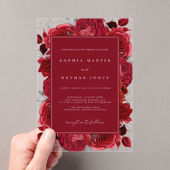Red And Silver Elegant Rose Clear Wedding Acrylic Invitations (Insitu (Handheld))