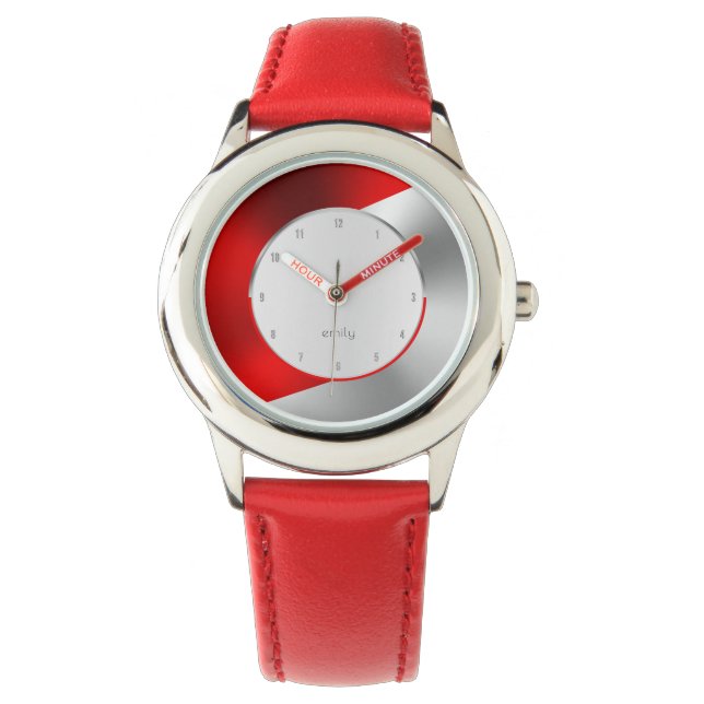 Red and silver faux geometric metallic look watch (Front)