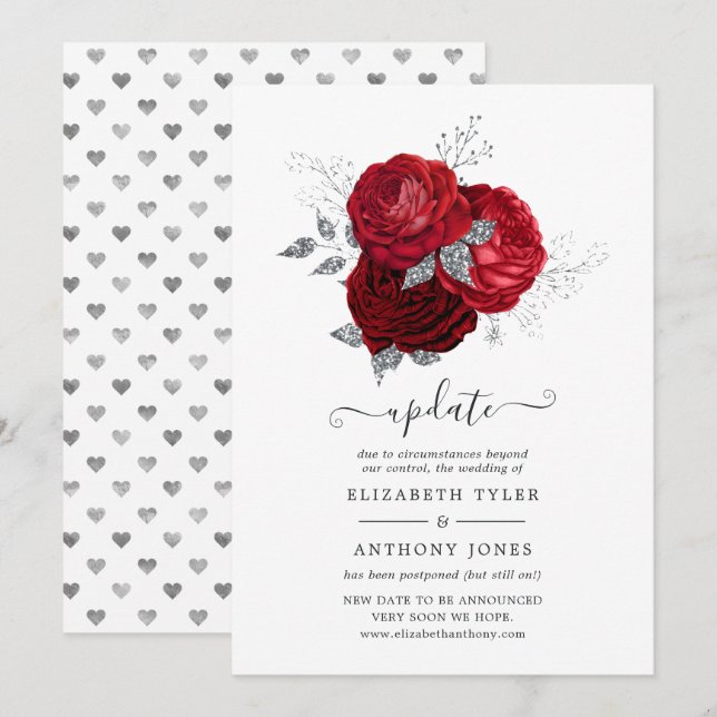 Red and Silver Floral Postponed Wedding Invitation (Front/Back)
