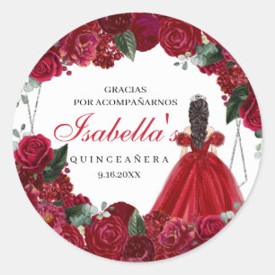 Red and Silver Floral Quinceanera Classic Round S Classic Round Sticker