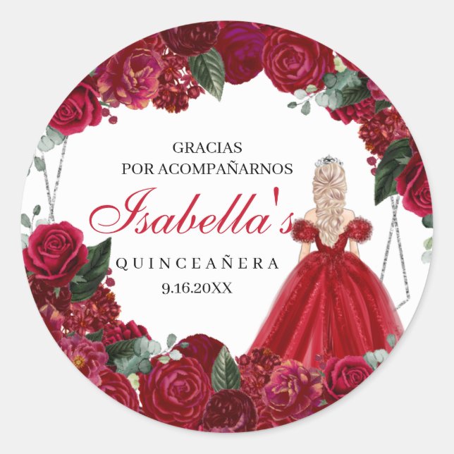  Red and Silver Floral Quinceanera Classic Round Sticker (Front)
