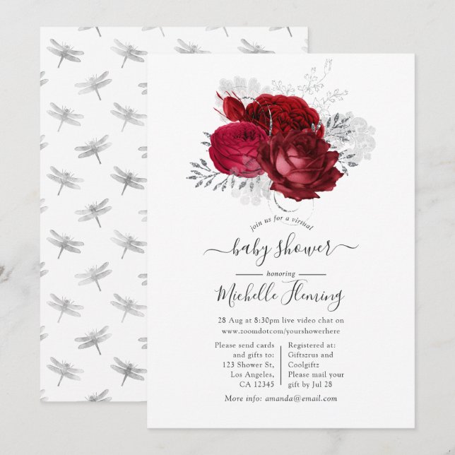 Red and Silver Floral Virtual Shower Invitation (Front/Back)