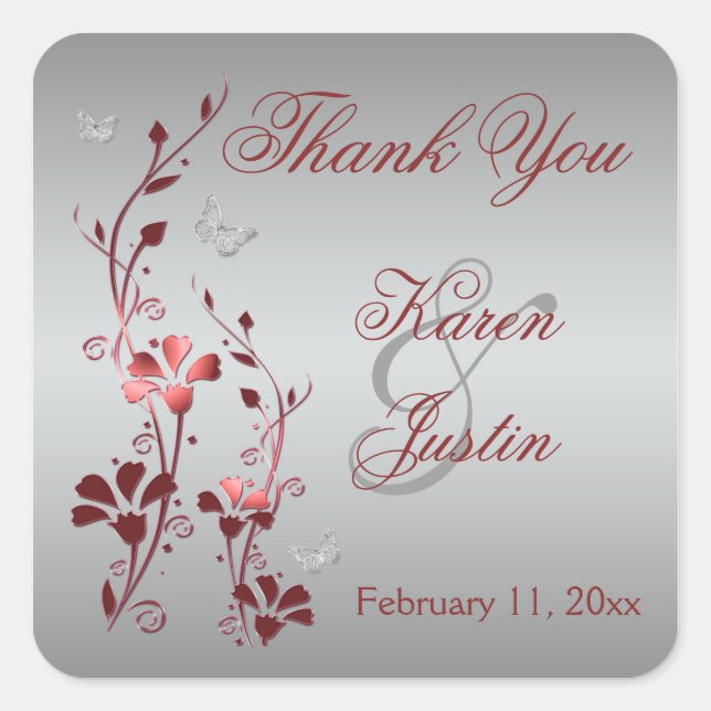 Red and Silver Floral Wedding Favour Sticker (Front)