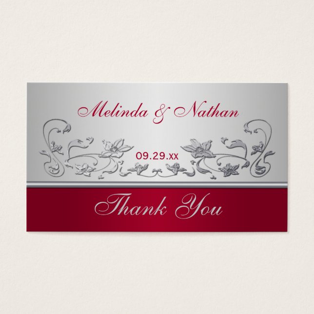 Red and Silver Floral Wedding Favour Tag (Front)