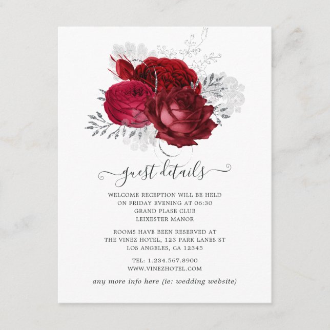 Red and Silver Floral Wedding Guest Details Enclosure Card (Front)