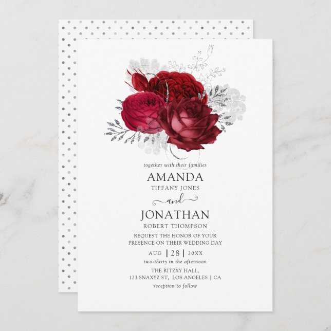 Red and Silver Floral Wedding Invitation (Front/Back)