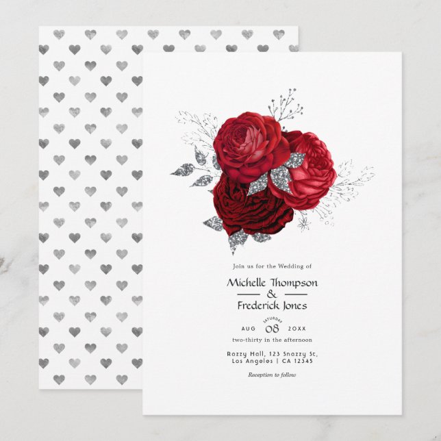 Red and Silver Floral Wedding Invitation (Front/Back)