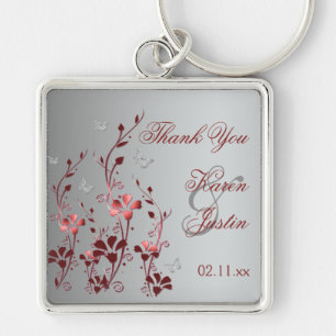 Red and Silver Floral with Butterflies Keychain