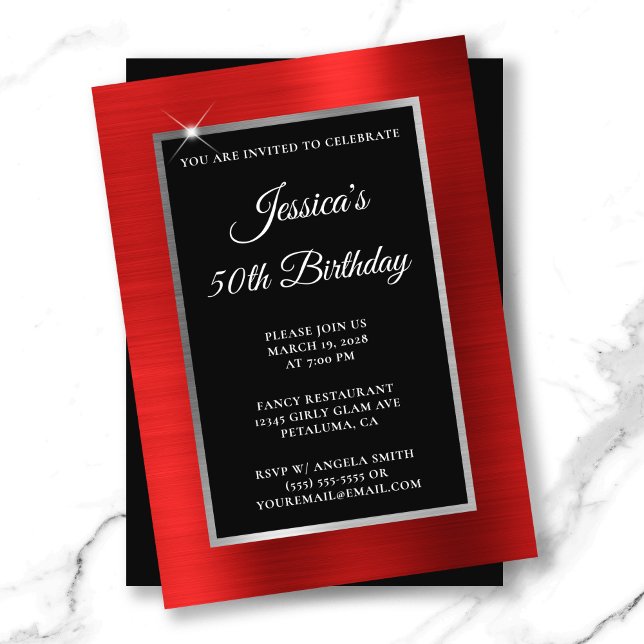 Red and Silver Foil Black 50th Birthday Invitation (Red and Silver Foil Black 50th Birthday Invitation)