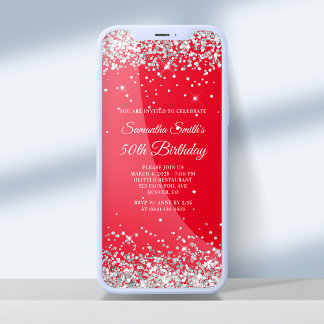 Red and Silver Glitter 50th Birthday Invitation