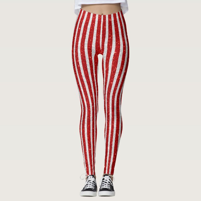 Red and Silver Glitter Stripes Leggings (Front)