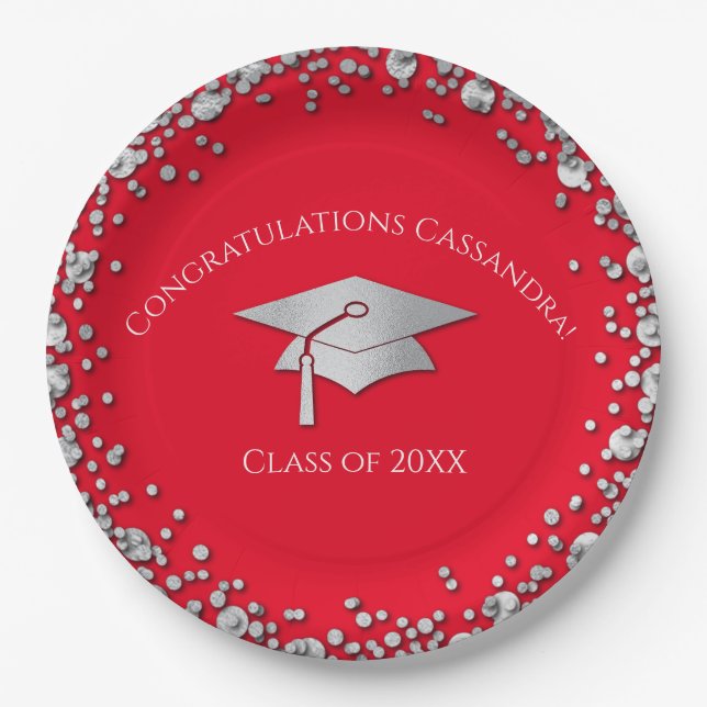 Red and Silver Graduation Paper Plate (Front)