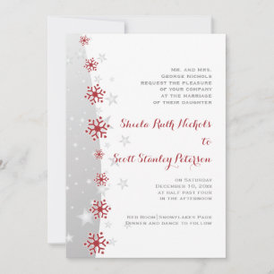 Red and silver grey snowflake wedding invitation