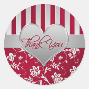Red and Silver Heart 1.5" Round Wedding Sticker