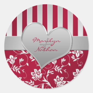 Red and Silver Heart 1.5" Round Wedding Sticker