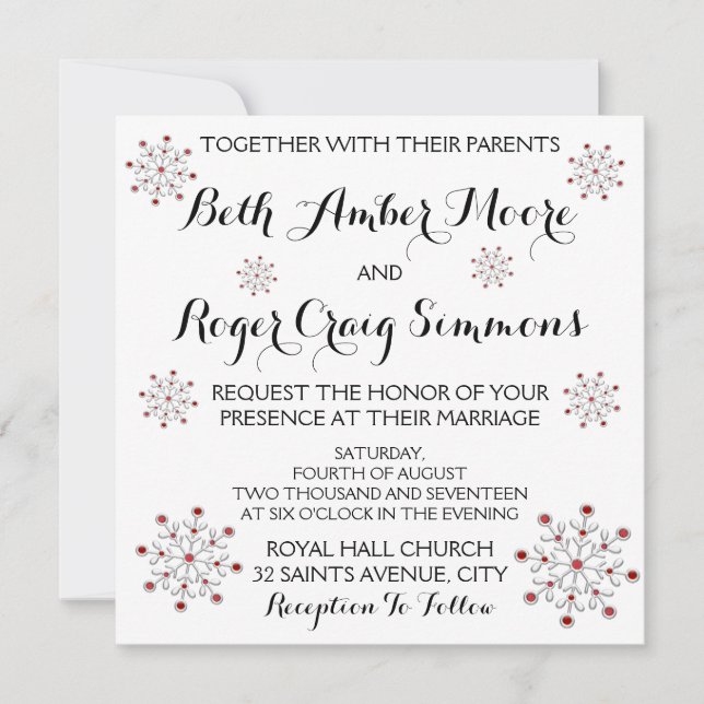 Red and Silver Snowflake Wedding Invitation (Front)