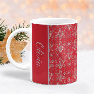 Red and Silver Snowflakes Christmas Mug with Name