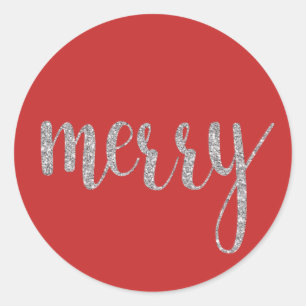 Red and silver sparkle merry stickers, round classic round sticker