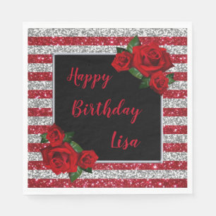 Red And Silver Stripes Glitter Red Roses Birthday Napkin