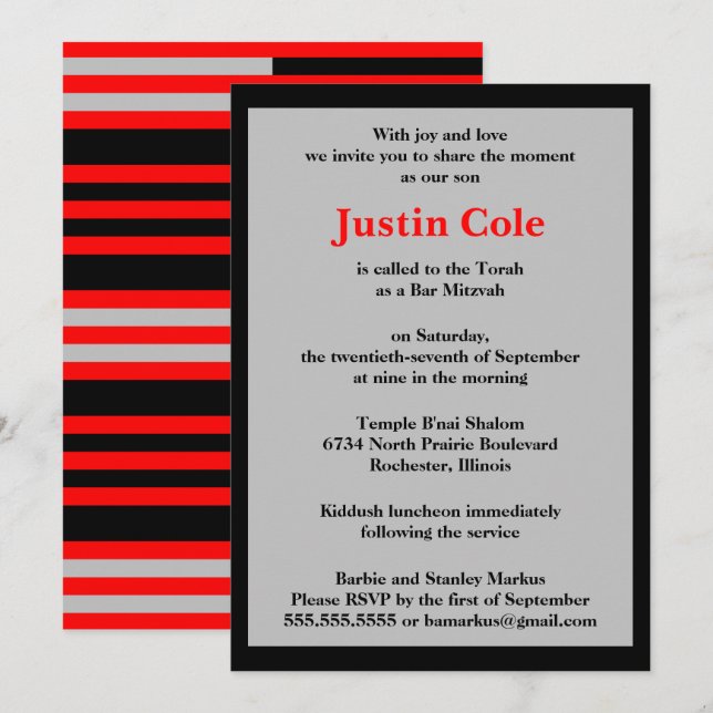 Red and Silver Stripes on Black Bar Mitzvah Invitation (Front/Back)