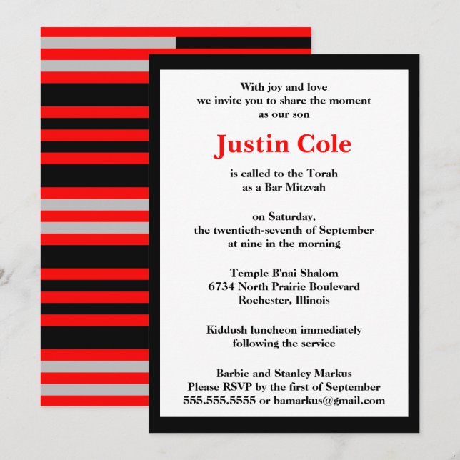 Red and Silver Stripes on Black Bar Mitzvah Invitation (Front/Back)