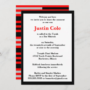 Red and Silver Stripes on Black Bar Mitzvah Invitation