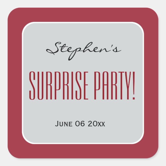 RED and SILVER Surprise Birthday Party Add Name A1 Square Sticker (Front)