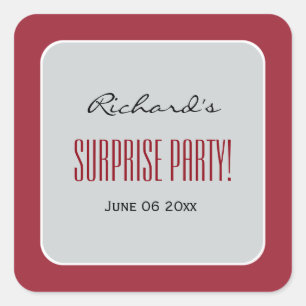 RED and SILVER Surprise Birthday Party Custom Name Square Sticker