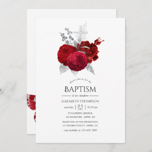 Red and Silver Vintage Rose Baptism Invitation