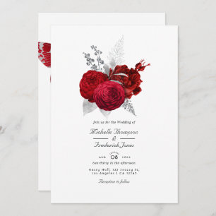 Red and Silver Vintage Rose  QR Code RSVP Wedding Invitation