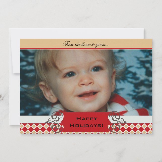 Red and Tan Argyle Holiday Photo Card (Front)