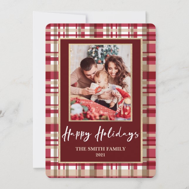 Red and Tan Plaid Photo Christmas Holiday Card (Front)