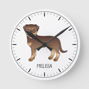 Red And Tan Rottweiler Cute Cartoon Dog And Name Round Clock