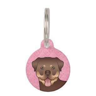 Red And Tan Rottweiler Dog Head On Pink Hearts Pet Tag