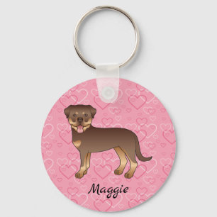 Red And Tan Rottweiler Dog On Pink Hearts & Name Key Ring