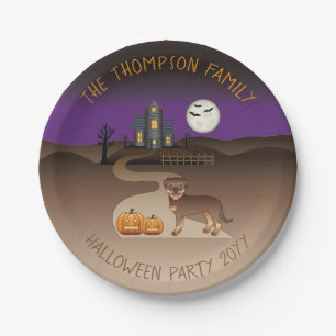 Red And Tan Rottweiler Halloween Haunted House Paper Plate