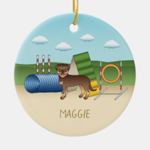 Red And Tan Rottweiler With Agility Equipment Ceramic Tree Decoration