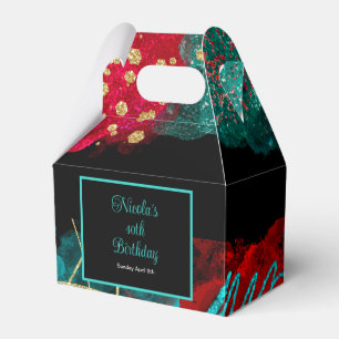 Red and teal Alcohol Ink Birthday Party Favour Box