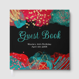 Red and Teal Blue Alcohol Ink Birthday Guest Book