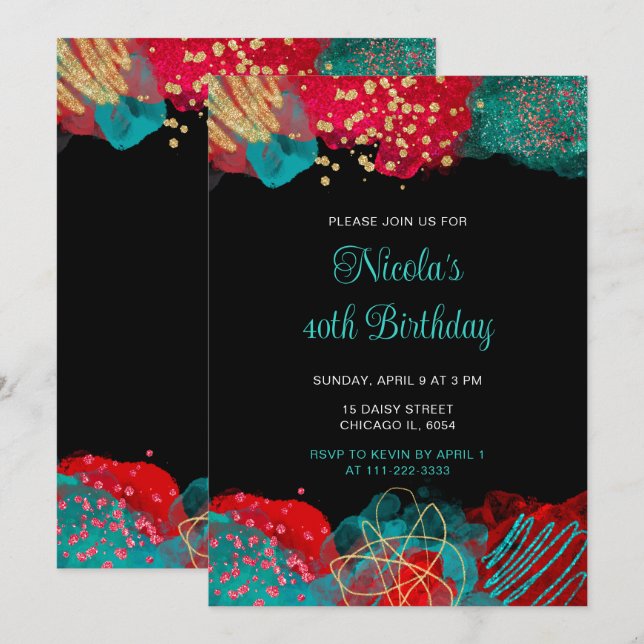Red and Teal Blue Alcohol Ink Birthday Party Invitation (Front/Back)