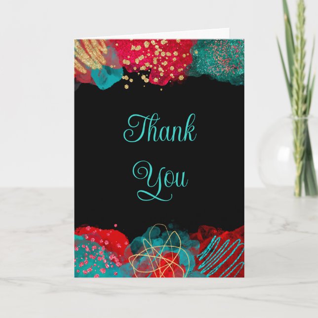 Red and Teal Blue Alcohol Ink Birthday  Thank You Card (Front)