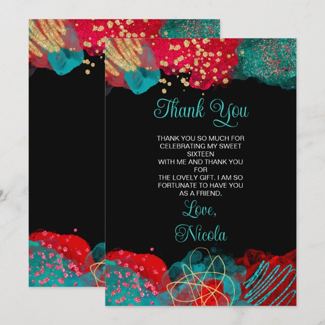 Red and Teal Blue Alcohol Ink Sweet Sixteen Thank You Card (Front/Back)