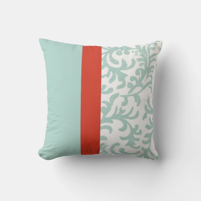Red and Teal Blue Floral Damask Cushion (Front)
