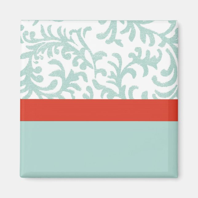 Red and Teal Blue Floral Damask Magnet (Front)