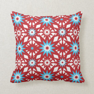 Red and Teal Blue Star Pattern Starburst Design Cushion