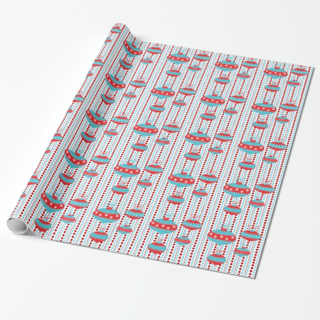 Red and Teal Blue Tree Ornament Christmas Wrapping Wrapping Paper (Unrolled)